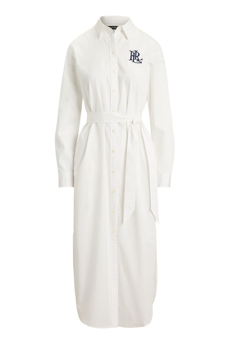 Amity Chest Logo Tie Waist Maxi Shirtdress, Alternate, color, WHITE