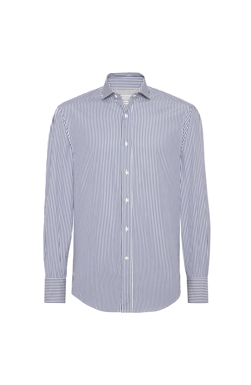 Brunello Cucinelli Striped Cotton Shirt With Button-down Collar In Blue