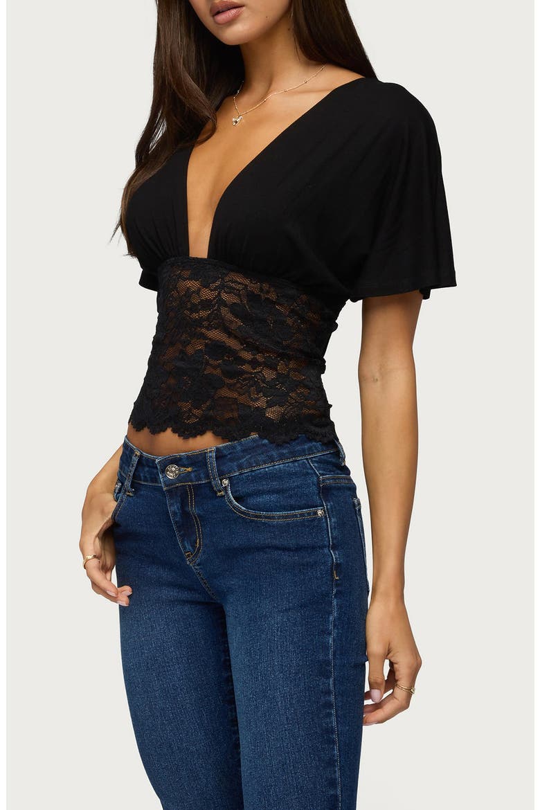Jaeda Lace Inset Flutter Sleeve Top, Alternate, color, BLACK