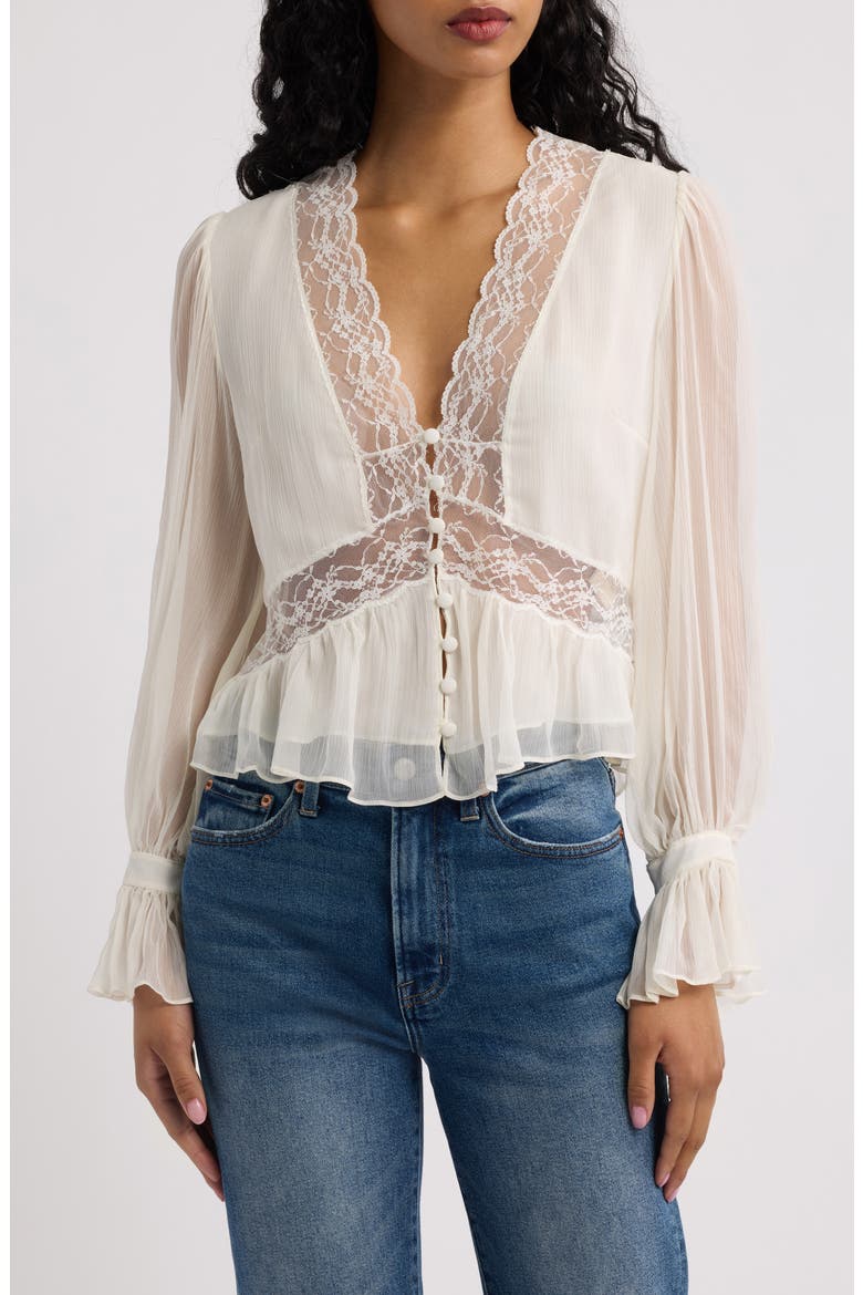 Thessira Lace Trim Ruffle Silk Top, Main, color, PALE STONE