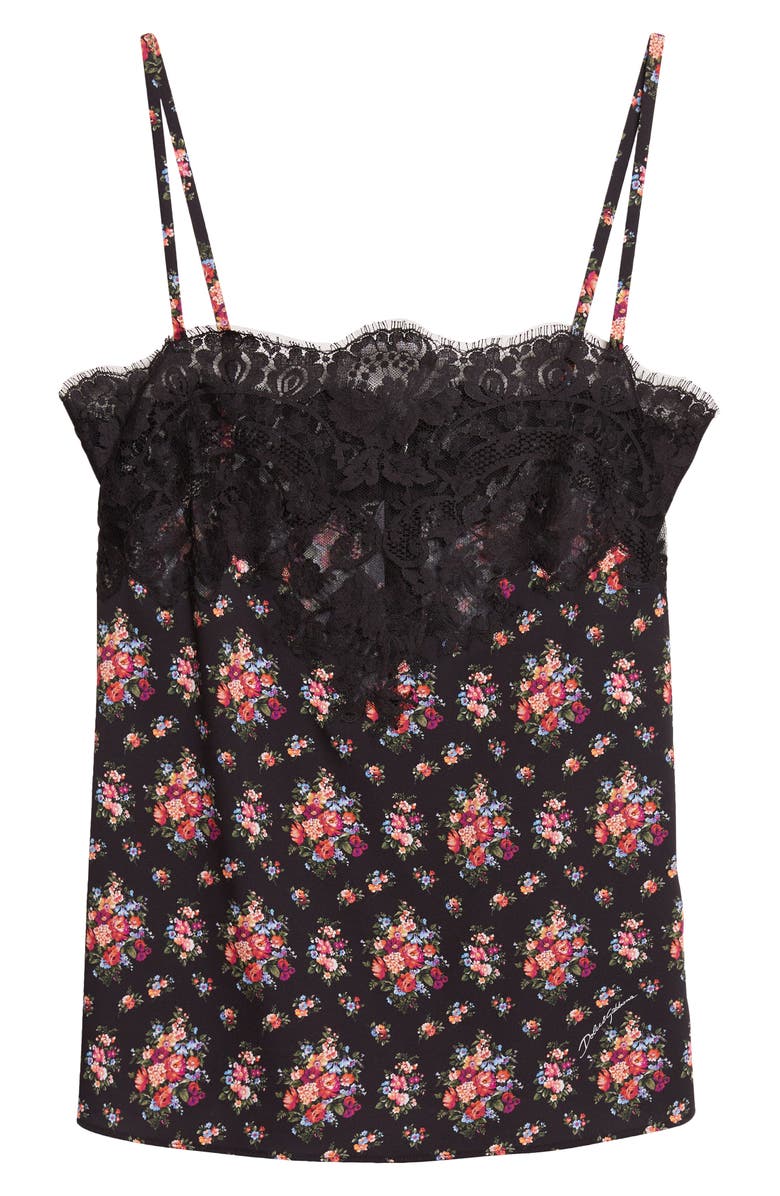 Dolce&Gabbana Lace Trim Floral Stretch Charmeuse Camisole, Main, color, Mazzolini Fiori Fner