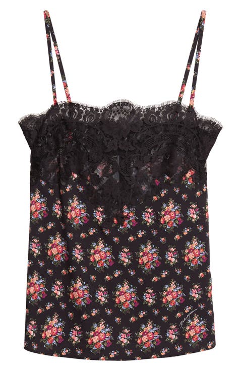 Lace Trim Floral Stretch Charmeuse Camisole
