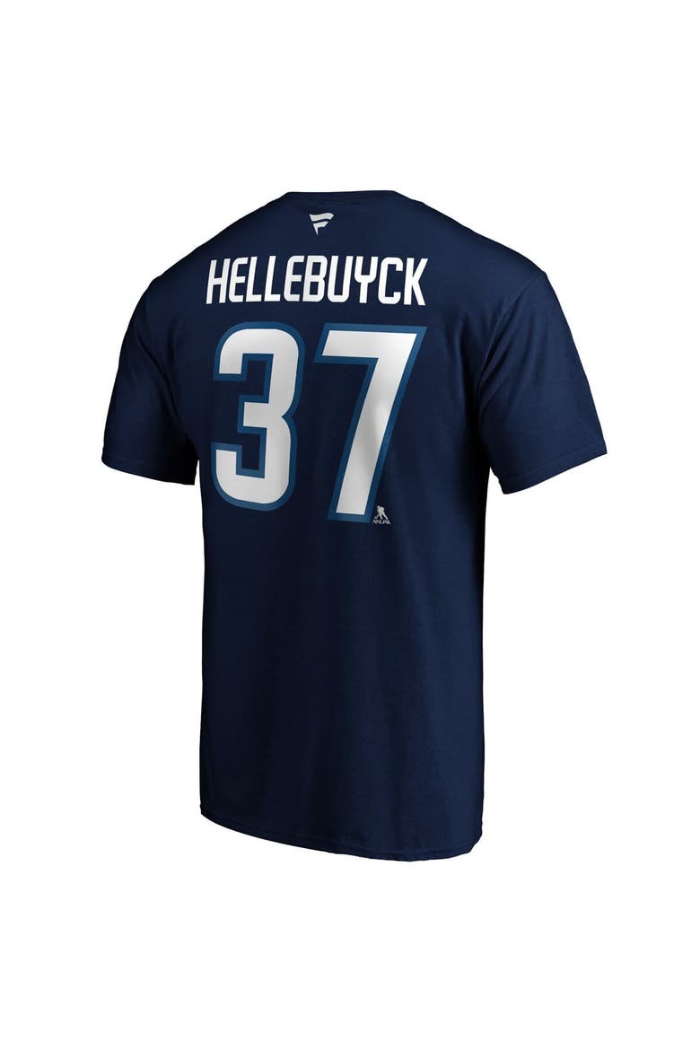 Men's Fanatics Connor Hellebuyck Navy Winnipeg Jets Authentic Stack Name & Number T-Shirt, Alternate, color, Navy