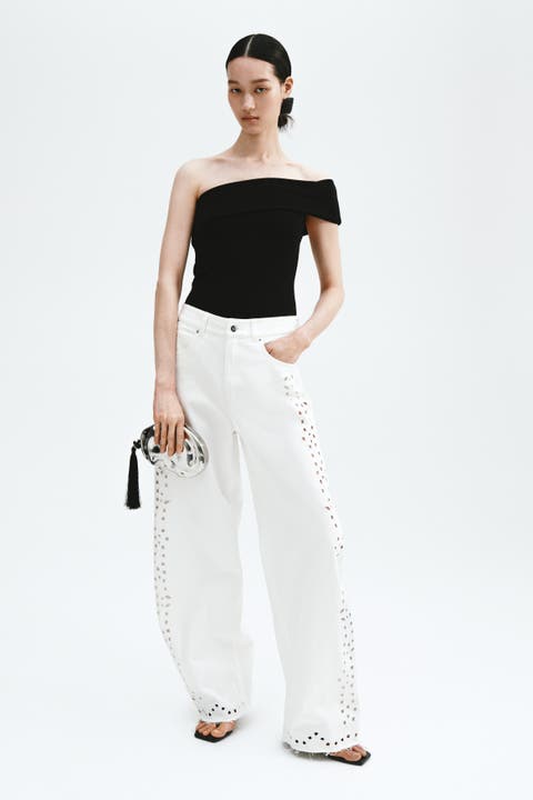 Off-the-shoulder thong bodysuit
