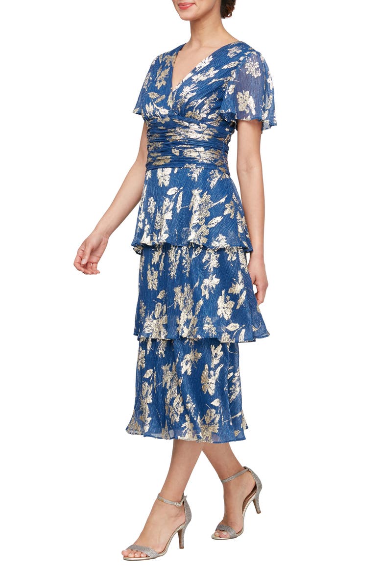 Foil Plissé Midi Dress, Main, color, ROYAL GOLD