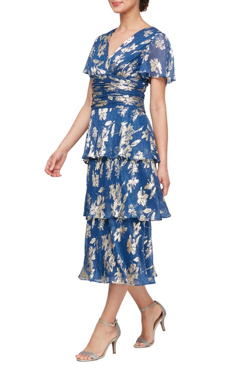 Foil Plissé Midi Dress