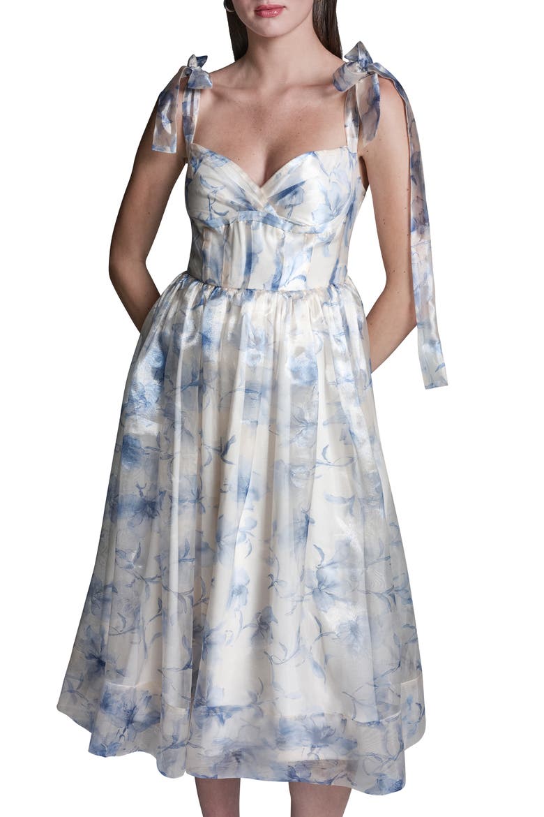 Floral Organza Midi Cocktail Dress, Alternate, color, FRENCH SKY MULTI