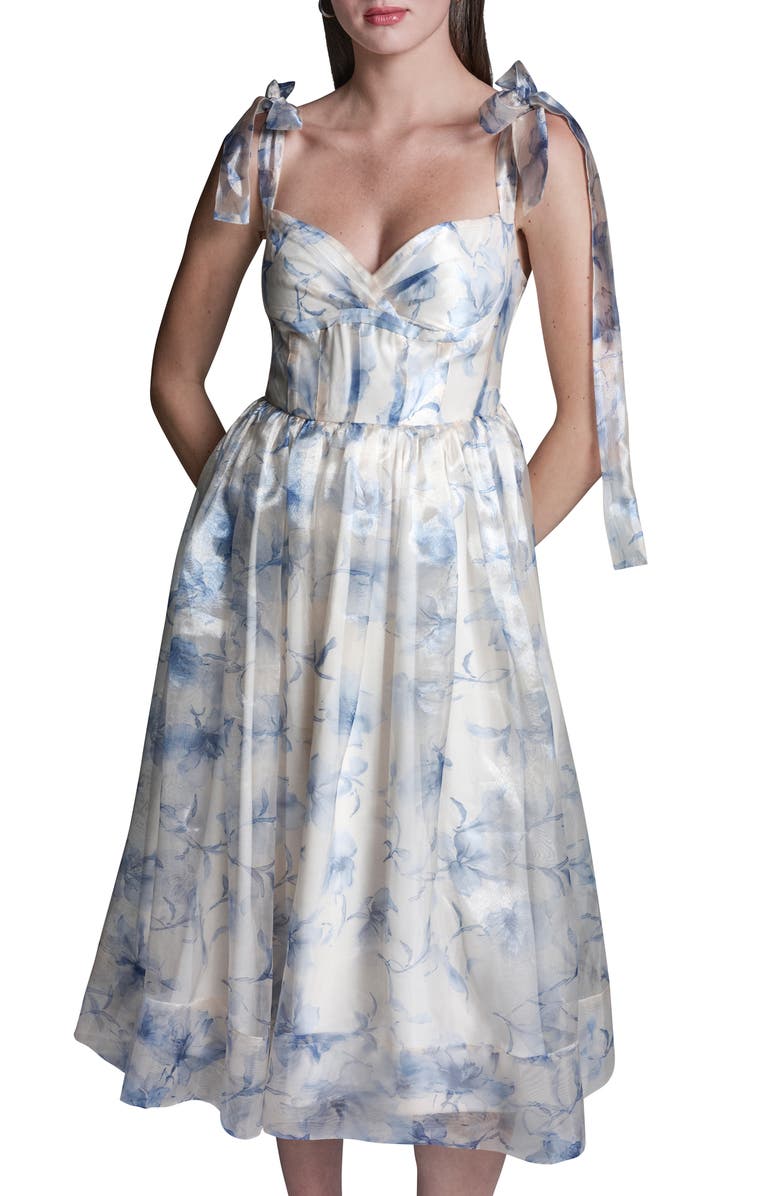 BCBG Floral Organza Midi Cocktail Dress, Alternate, color, French Sky Multi