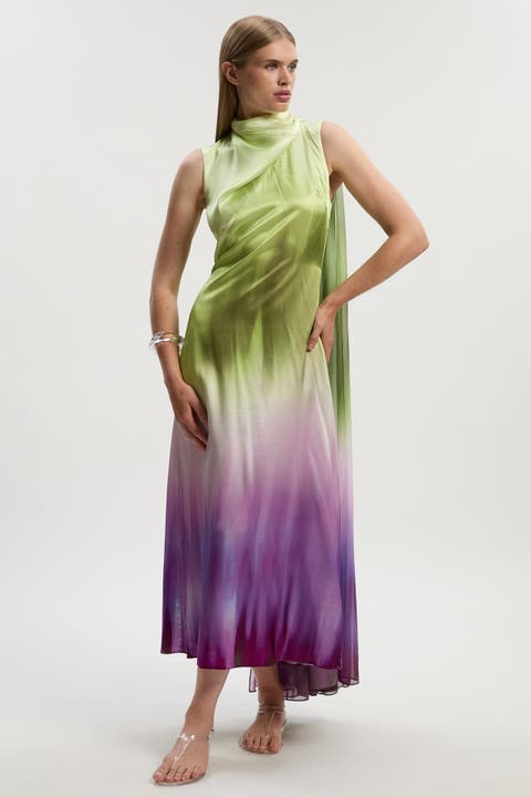 Ombre Satin Cape Midi Dress
