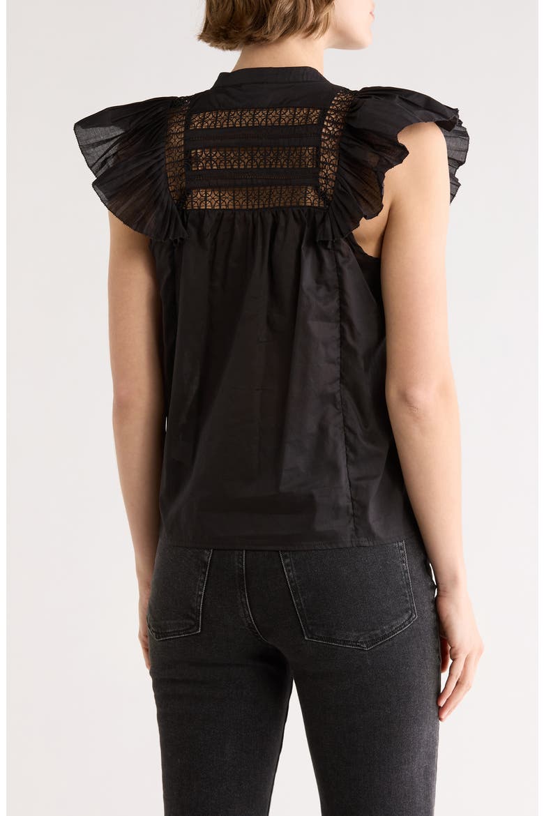 Cap Sleeve Lace Trim Button-Up Top, Alternate, color, BLACK