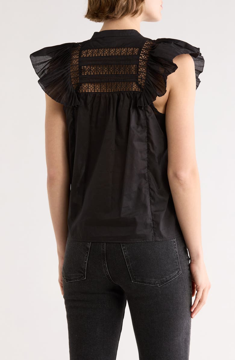 ELIE ELIE TAHARI Cap Sleeve Lace Trim Button-Up Top, Alternate, color, Black