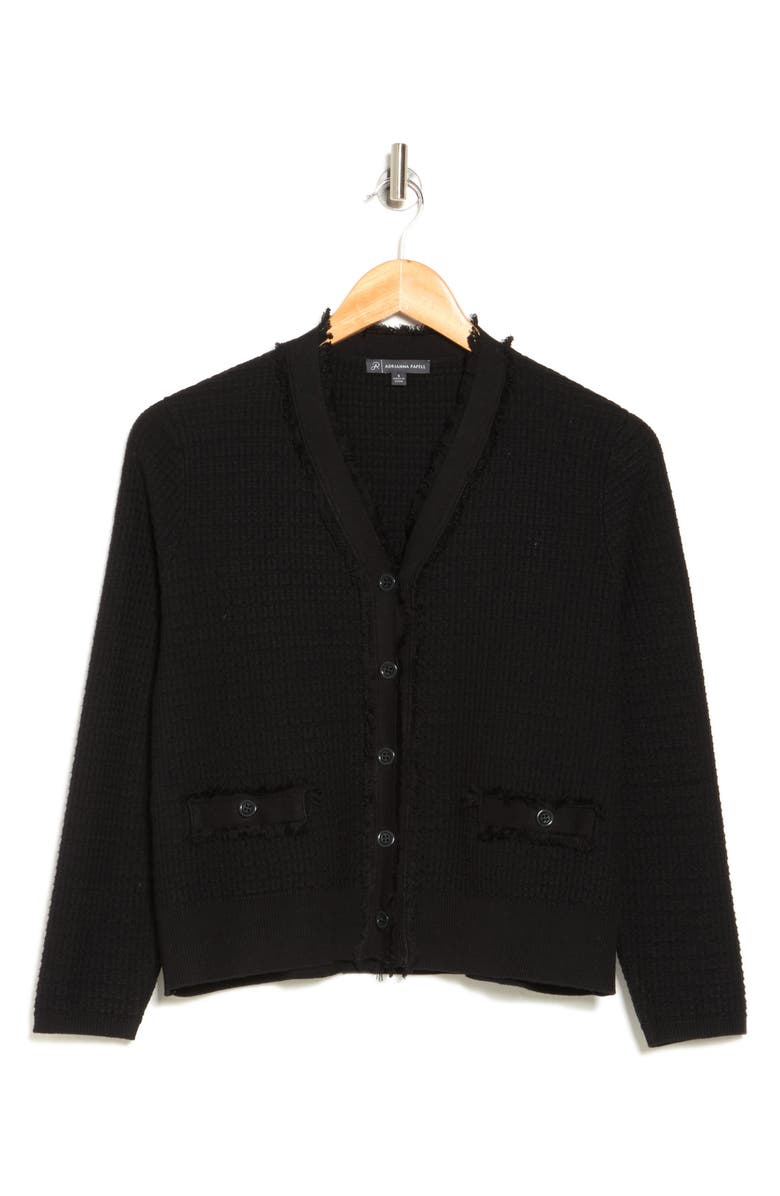 Adrianna Papell Frayed Waffle Knit Cardigan, Alternate, color, Black