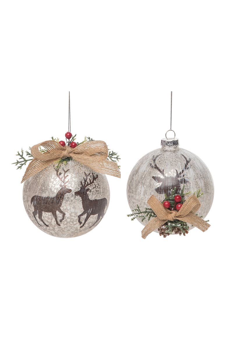 Glass Rustic Reindeer Ornaments Set of Two, Main, color, Multicolored