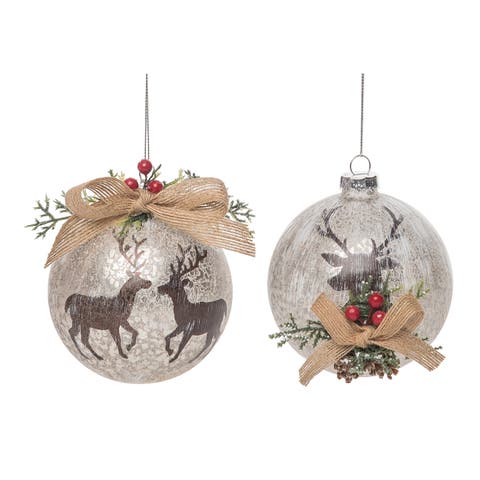 Glass Rustic Reindeer Ornaments Set of Two