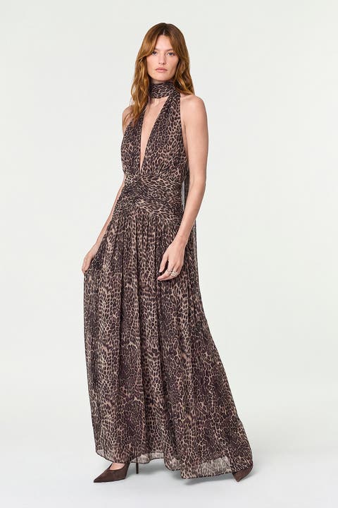 Arella Deep Plunge Printed Halter Maxi Dress