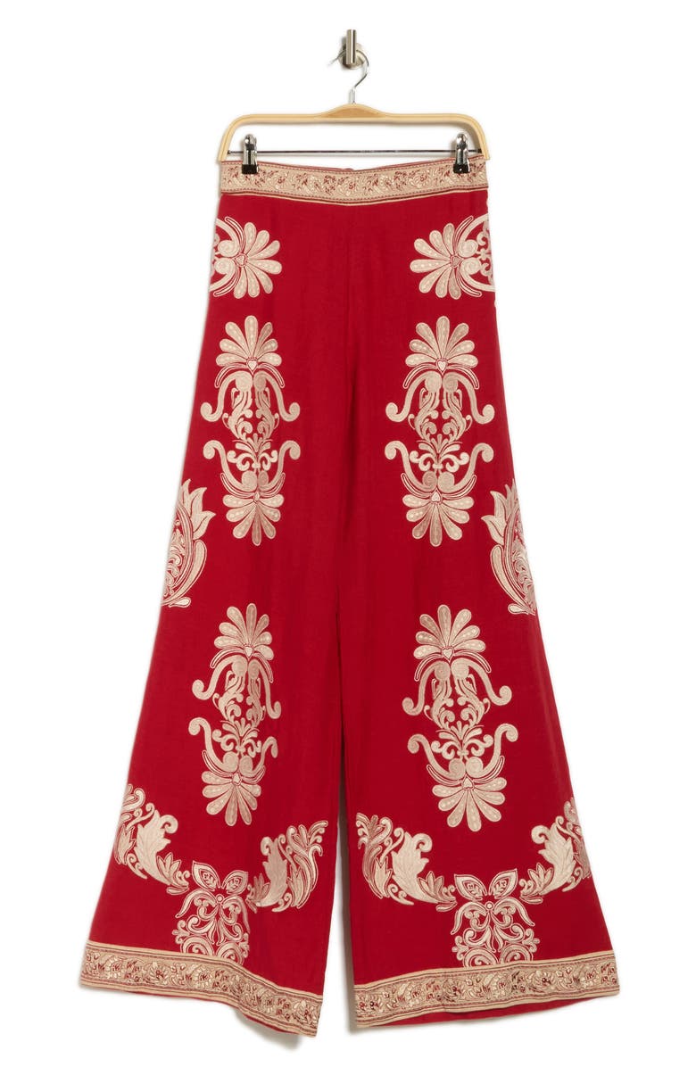 Alice + Olivia Athena Embroidered Wide Leg Linen Pants, Alternate, color, Serenade Dark Cherry