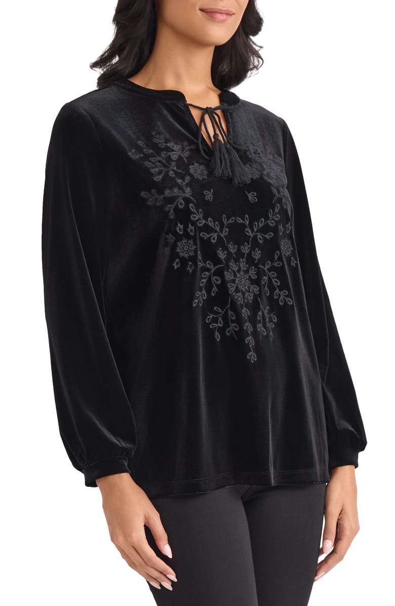 Jones New York Embroidered Split Neck Top, Alternate, color, Jones Black