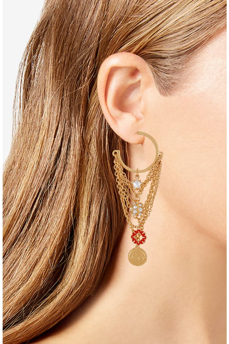 Charm Chain Drop Hoop Earrings, Alternate, color, GOLD TONE