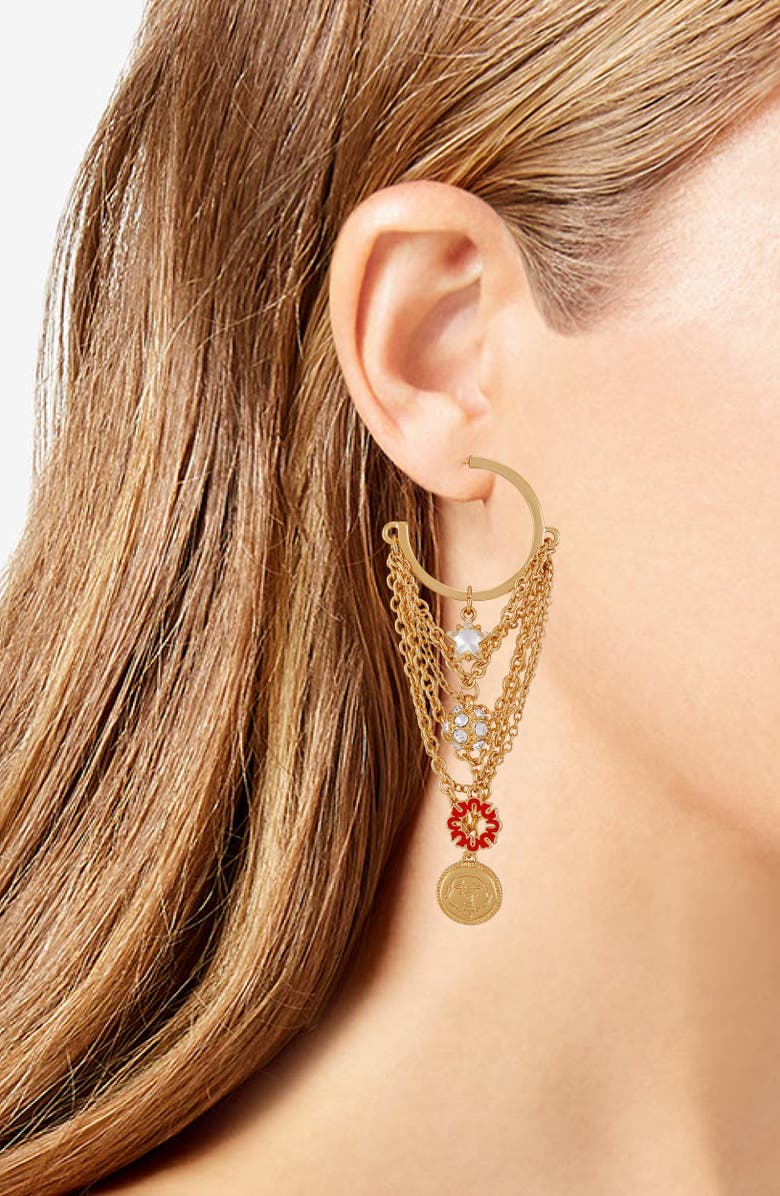 True Religion Charm Chain Drop Hoop Earrings, Alternate, color, Gold Tone