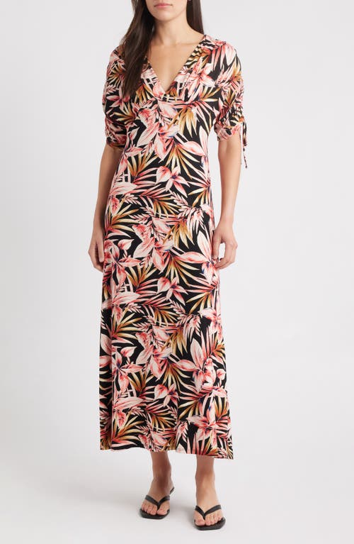 Loveappella Ruched Sleeve Empire Waist Maxi Dress In Multi