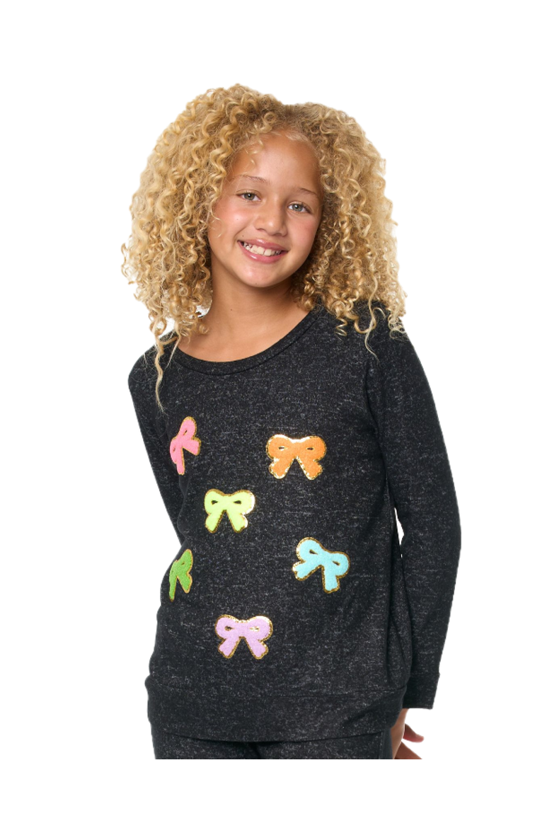 Hacci sweatshirt top with bow patches - Little Kid, Alternate, color, Charcoal