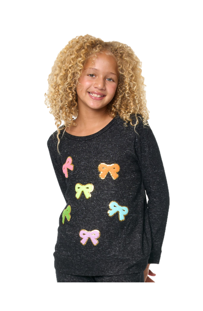Malibu Sugar Hacci sweatshirt top with bow patches - Little Kid, Alternate, color, Charcoal