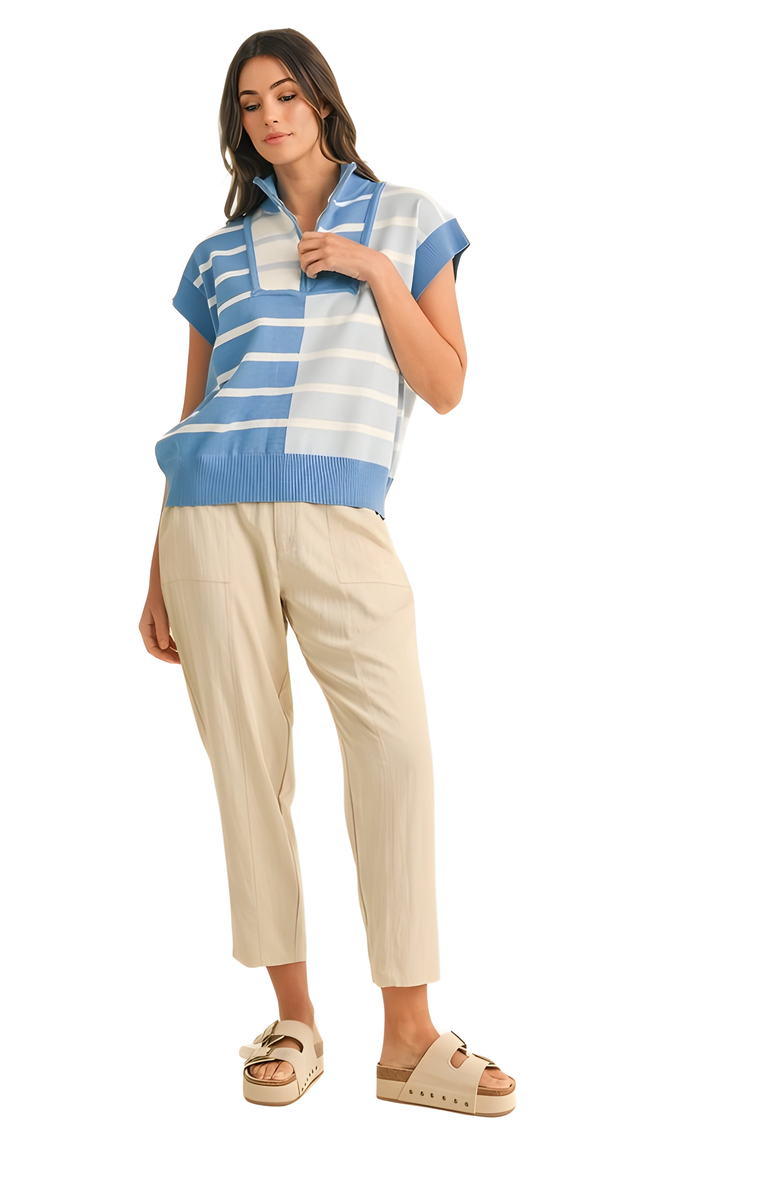 Knit and Lounge Striped Half-Zip Knit Top with Contrast Trim, Alternate, color, 