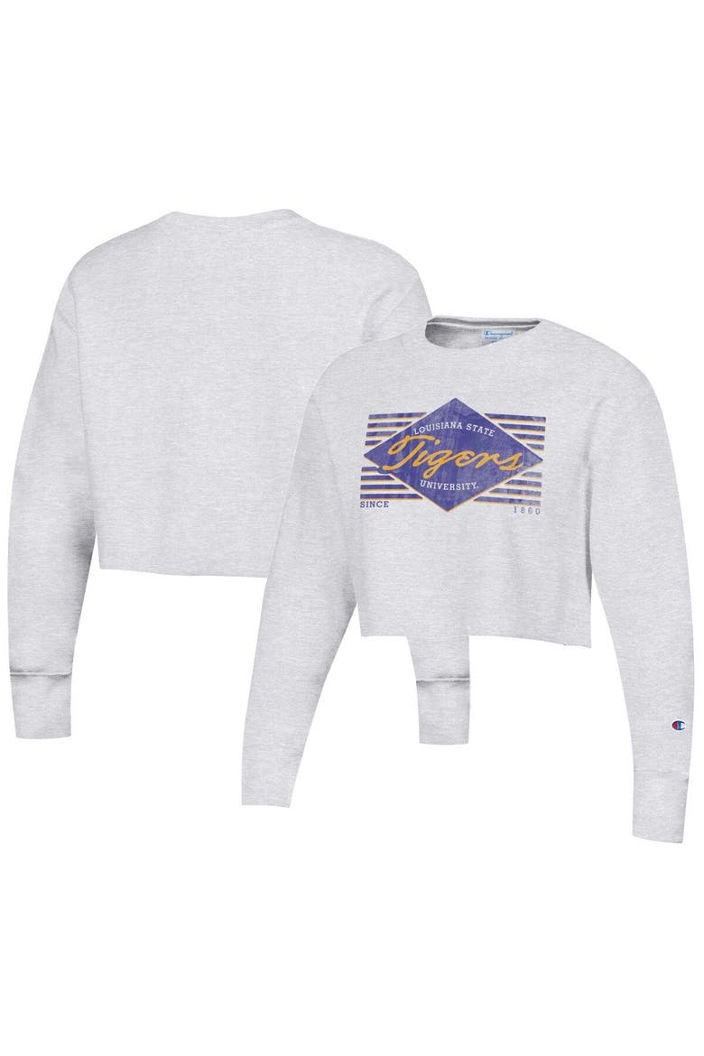 Women's Champion Heather Gray LSU Tigers Reverse Weave Cropped Pullover Sweatshirt, Main, color, Heather Gray