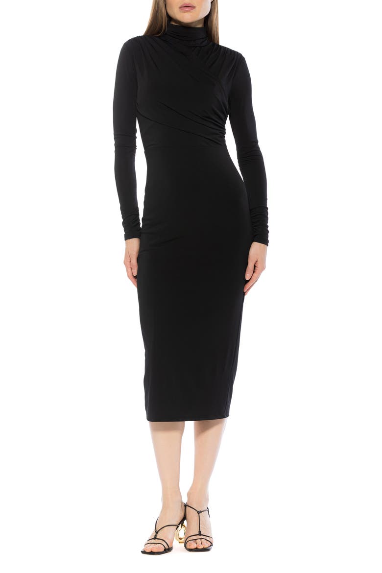 Elio Draped Bodice Midi Sheath Dress, Main, color, BLACK