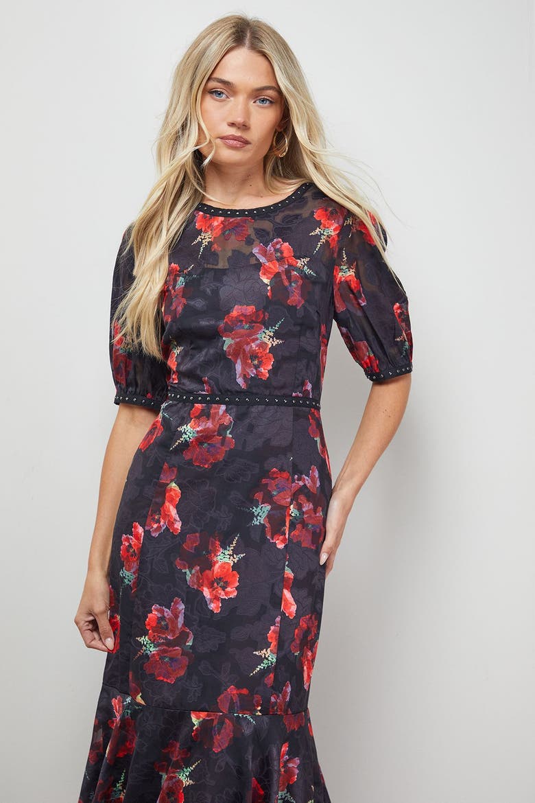 Floral Stud Trim Puff Sleeve Midi Dress, Alternate, color, Floral
