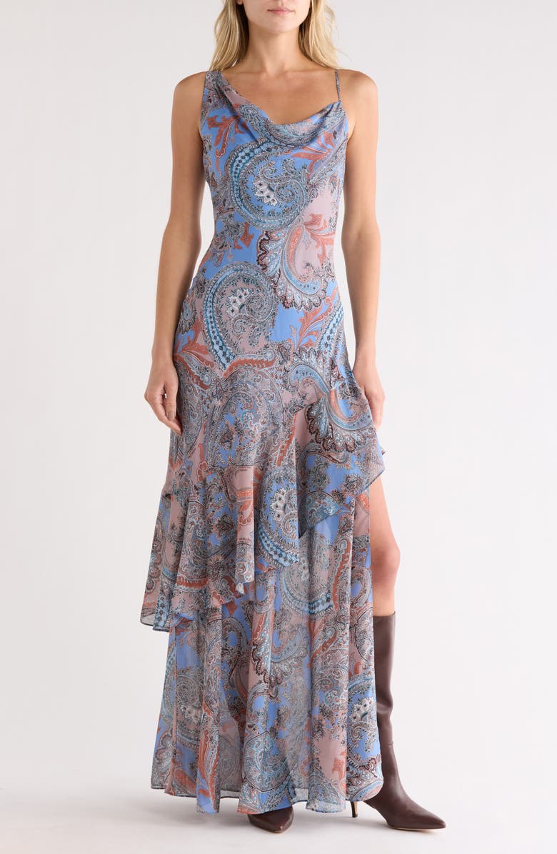 L'AGENCE Viola Asymmetric Tiered Silk Gown, Main, color, Periwinkle French Paisley