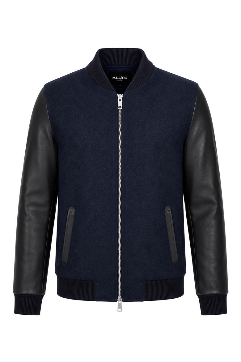 Leather Sleeve Bomber Jacket, Alternate, color, BLUE