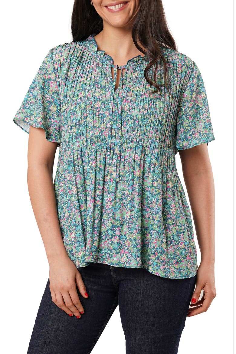 Ruffle Pleated Tie Neck Short Sleeve Top, Main, color, JUNIPER