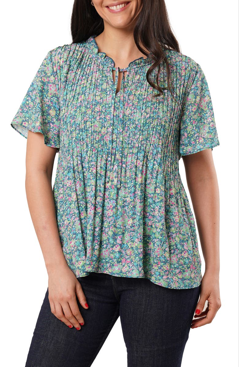 SUNNY LEIGH Ruffle Pleated Tie Neck Short Sleeve Top, Main, color, Juniper