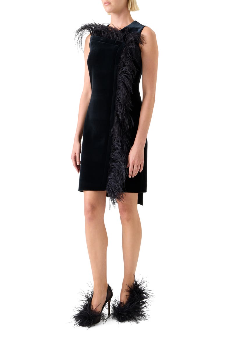 Feather Trim Velvet Neoprene Dress, Alternate, color, BLACK