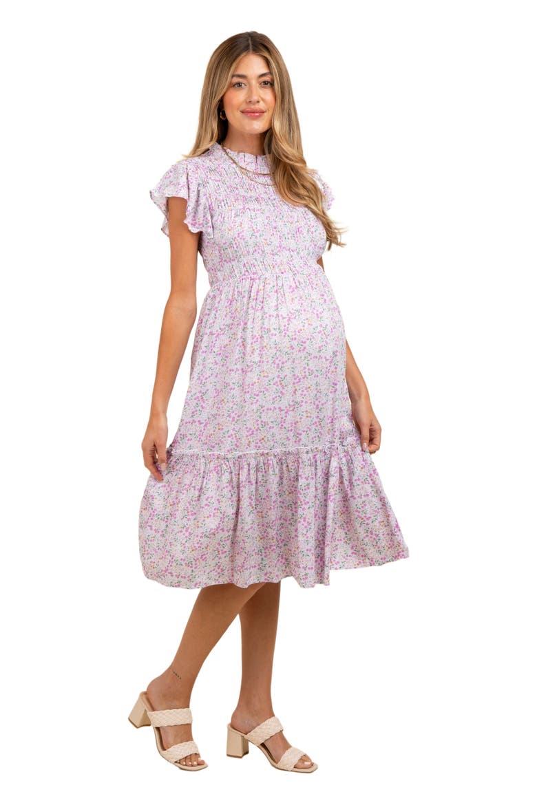 Floral Mock Neck Smocked Ruffe Sleeve Midi Dress, Alternate, color, Pink