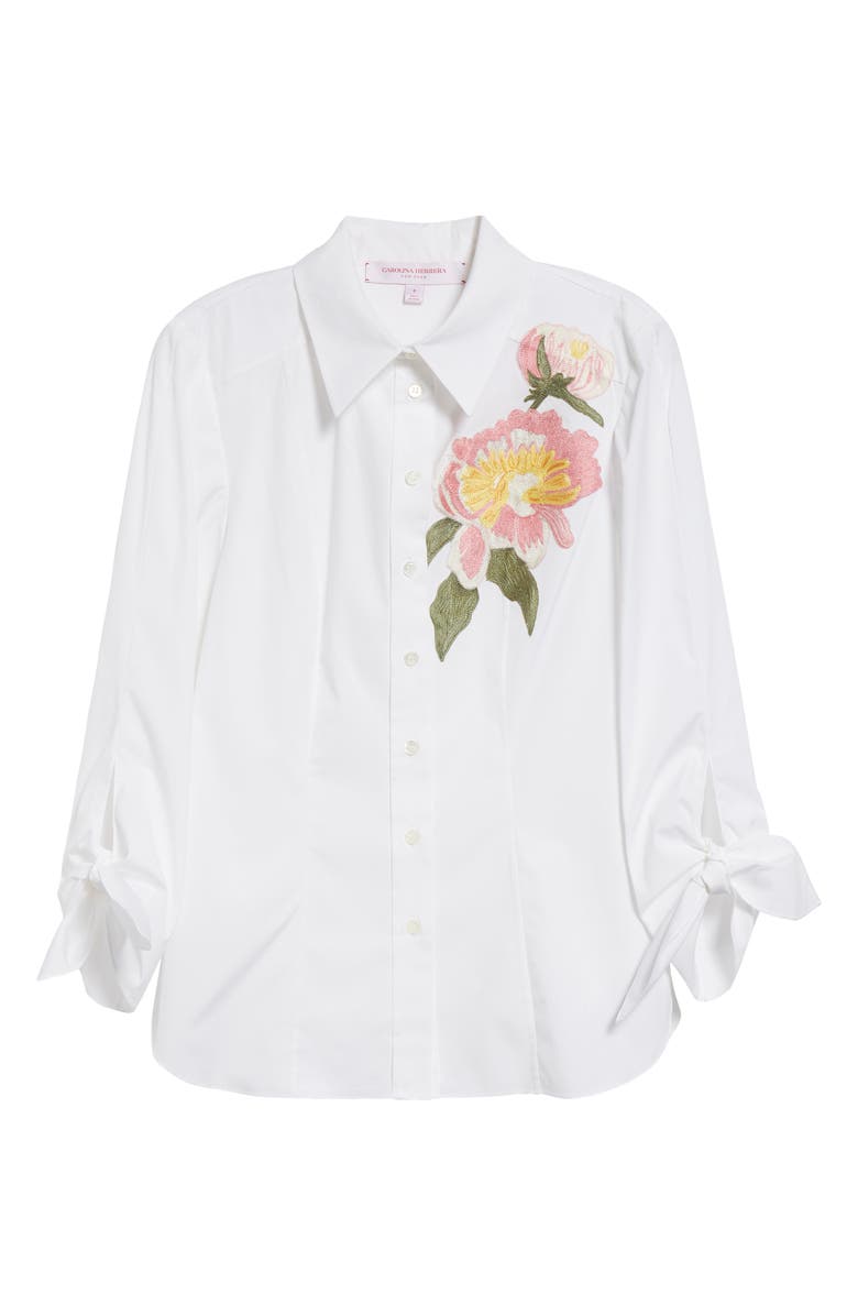 Carolina Herrera Floral Embroidered Tie Cuff Stretch Cotton Button-Up Shirt, Alternate, color, 