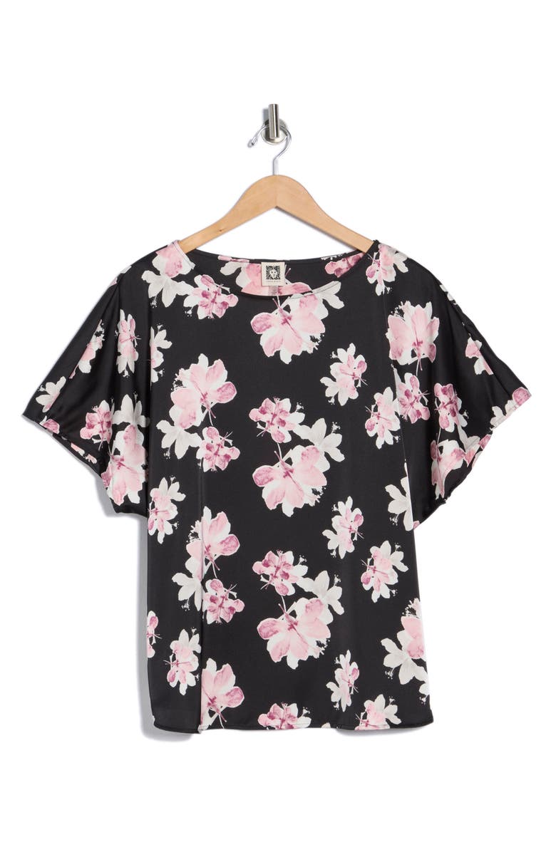 Anne Klein Floral Short Sleeve Top, Main, color, Anne Black Multi