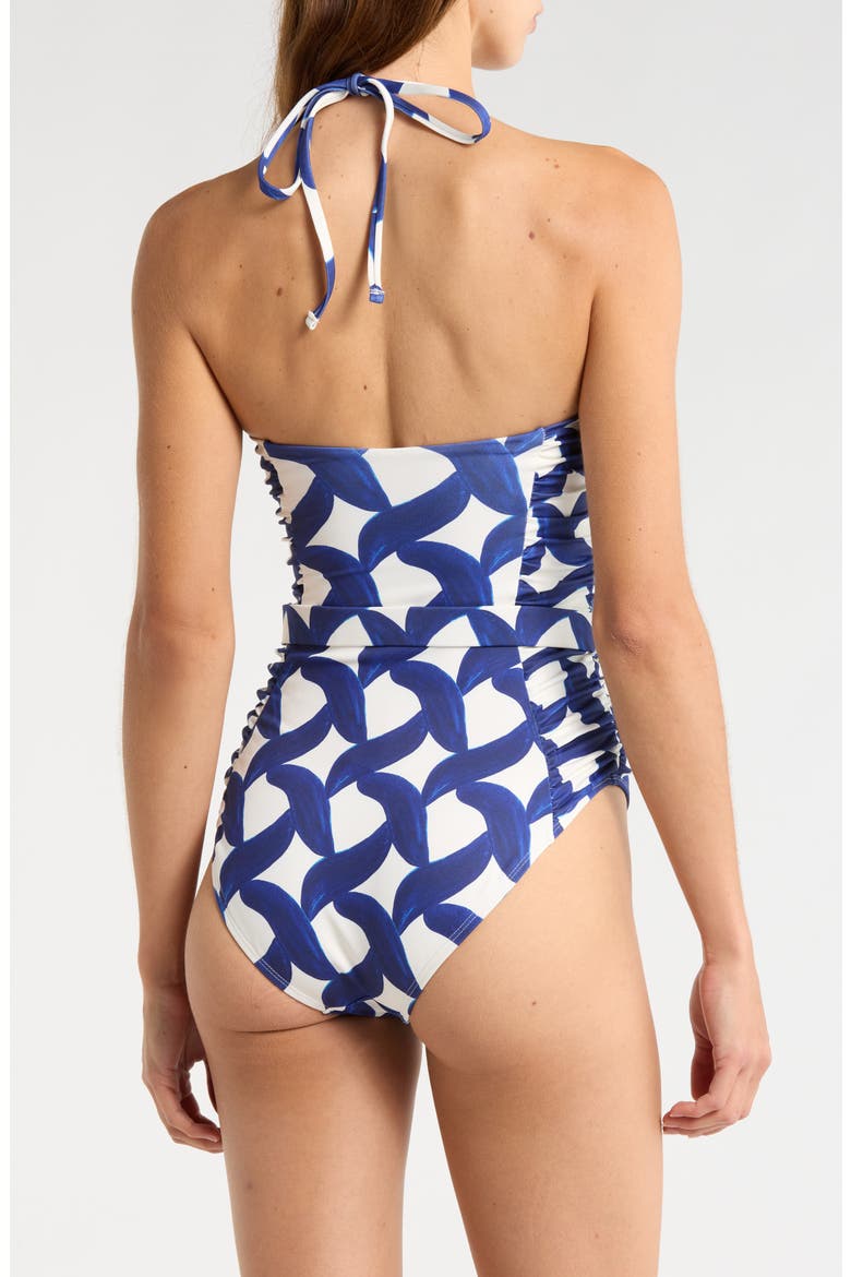 Kylah Shirred Belted One-Piece Swimsuit, Alternate, color, IVORY/BLUE
