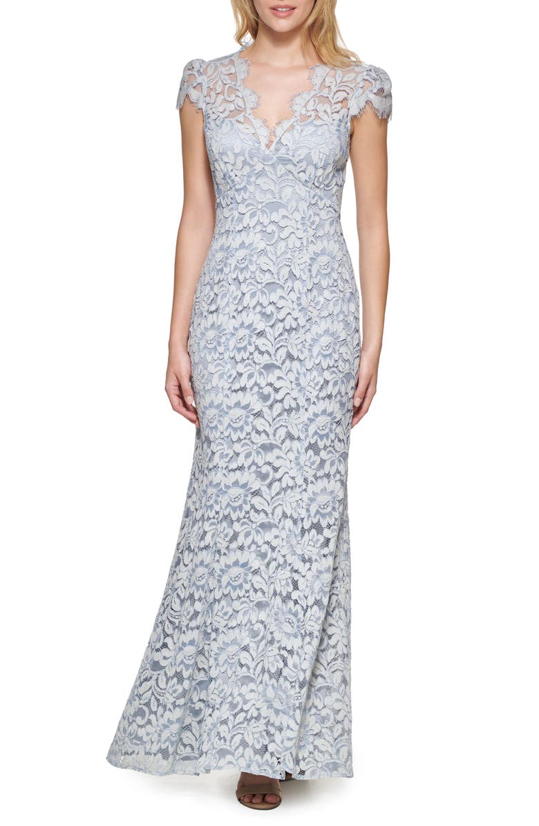 Eliza J Illusion Yoke Lace Trumpet Gown, Main, color,