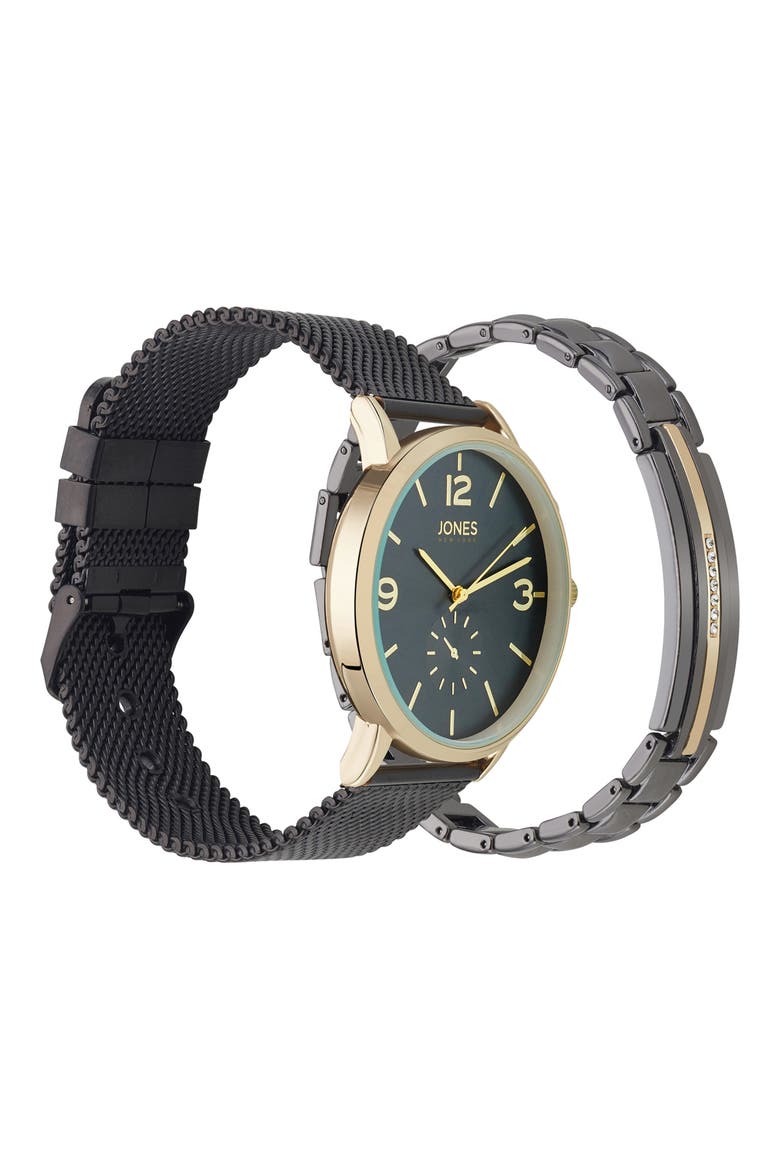 Three-Hand Quartz Mesh Strap Watch & ID Bracelet Set, Alternate, color, BLACK