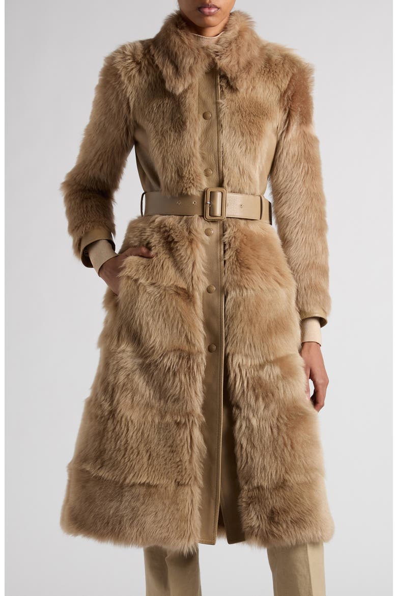 Soft Shearling & Leather Belted Coat, Main, color, JB020 HONEY BEIGE