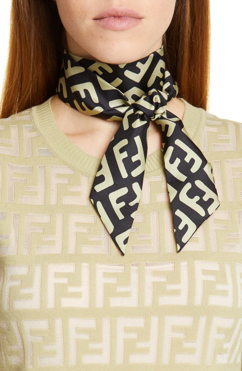 Fendi Art Logo Wrappy Silk Skinny Scarf, Alternate, color, 