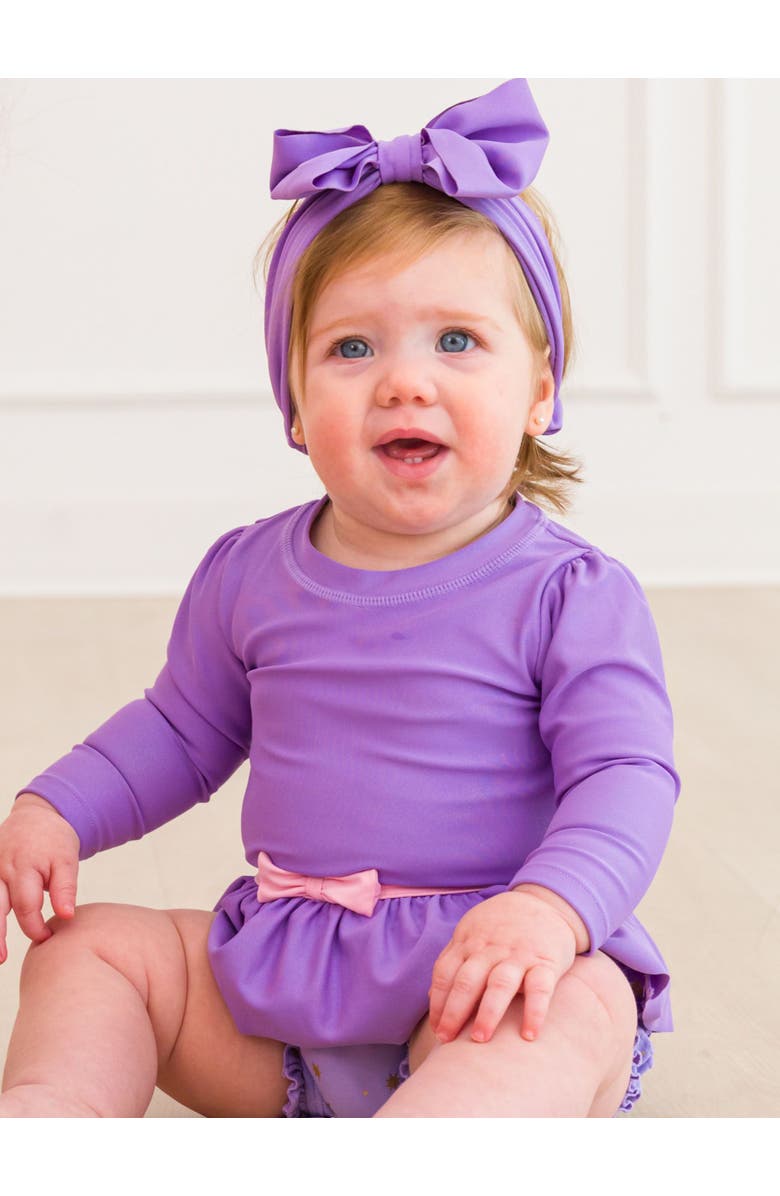 RuffleButts Baby Girls UPF50+ Princess Long Sleeve Bow Skirted One Piece Swimsuit, Alternate, color, Amethyst Princess