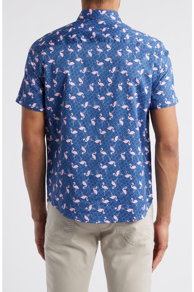 Flamingo Print Short Sleeve Button Up Shirt, Alternate, color, NAVY/ PINK