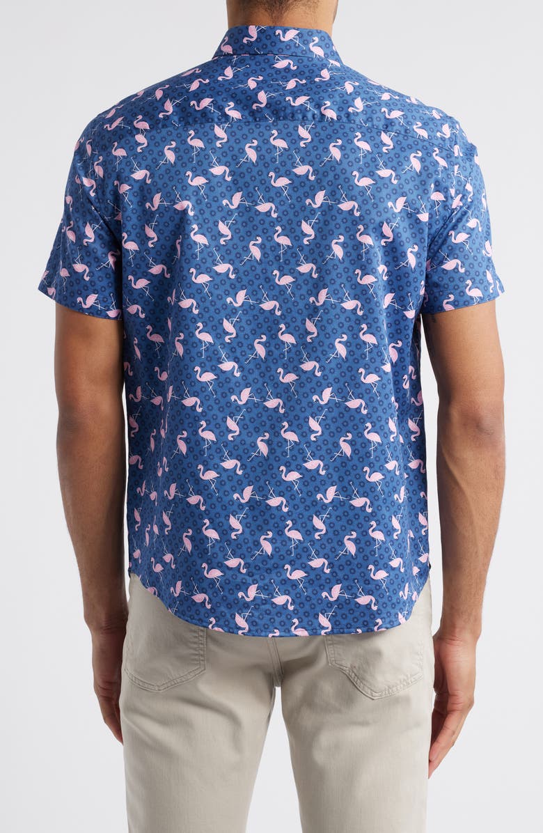 Johnston & Murphy Flamingo Print Short Sleeve Button Up Shirt, Alternate, color, Navy/ Pink