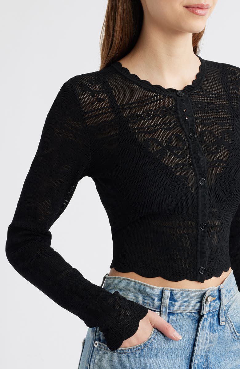 LoveShackFancy Gretta Semisheer Jacquard Cardigan, Alternate, color, Black