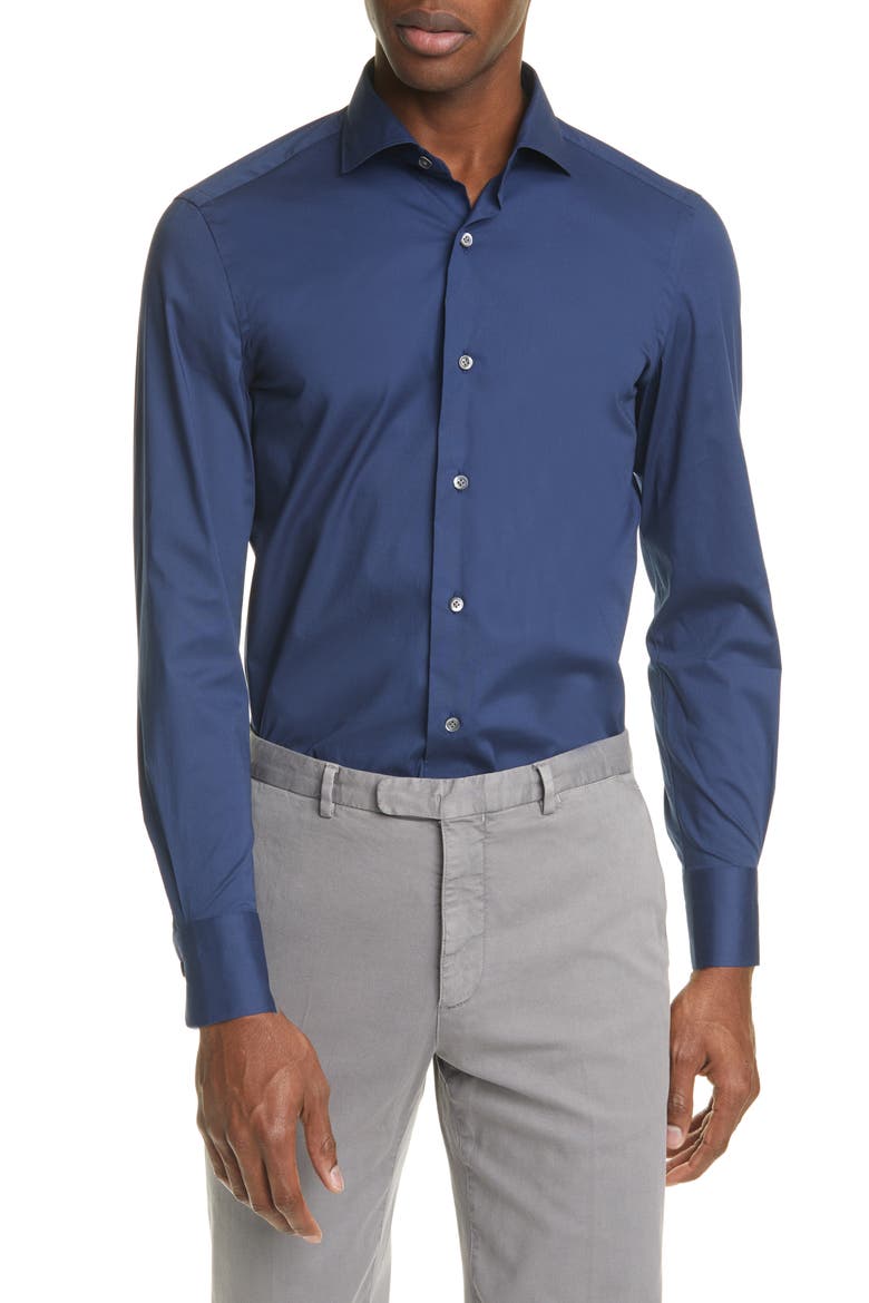 Trim Fit Stretch Cotton Button-Up Shirt, Main, color, NAVY