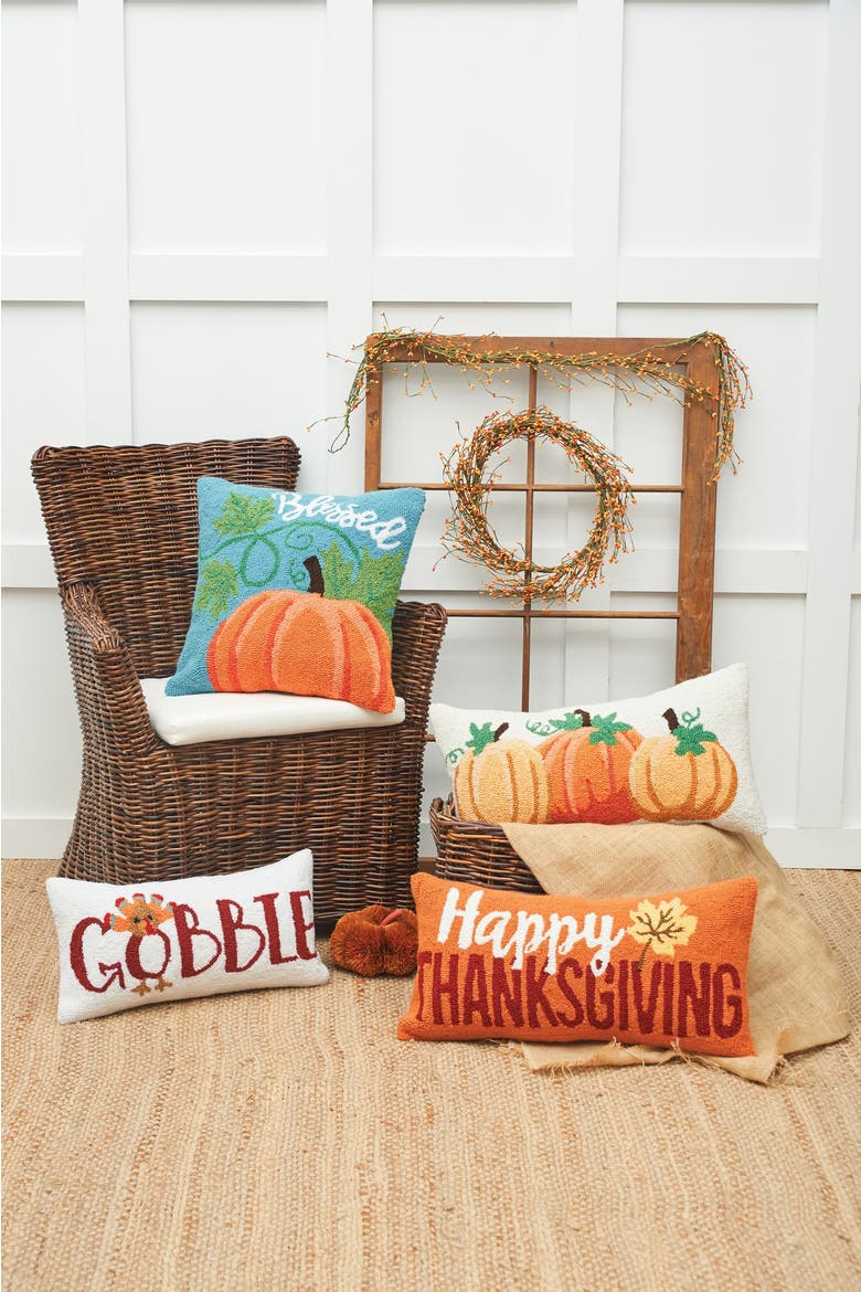 "Happy Thanksgiving" Leaf Hooked Long Accent Pillow 12" x 24", Alternate, color, Orange