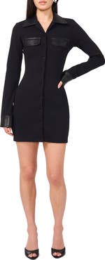 1.STATE Faux Leather Detail Long Sleeve Mini Shirtdress